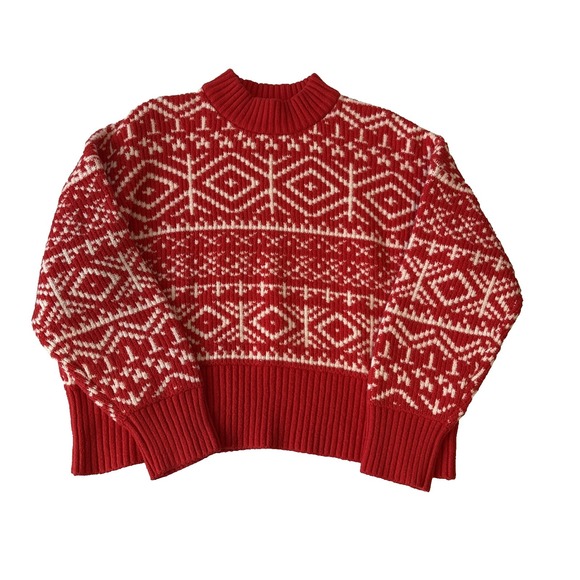 Old Navy Sweaters - Old Navy‎ SoSoft Red Fair Isle Mock Neck Boxy Crop Sweater Women's L Nordic Ski